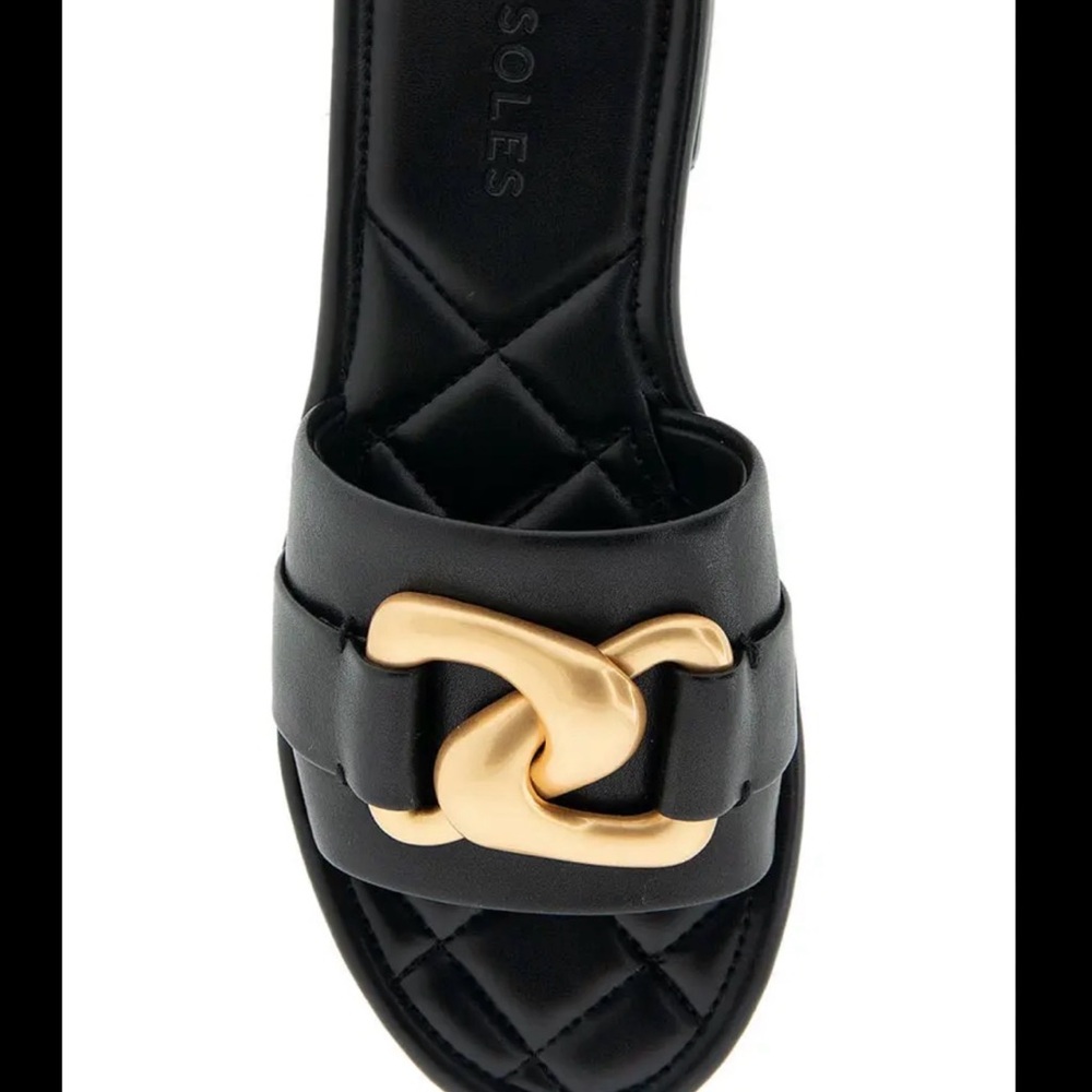 Aerosoles Black Quilted Leather Slide Sandals Gold Chain Comfort Size 9